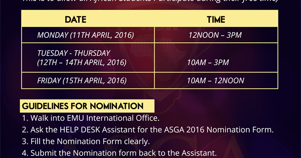 The ASGA 2016 EMU Internal Organizing Committee Announces EMU Award Nomination Schedule and reasons why EMU International Office was adoted as Nomination Venue.